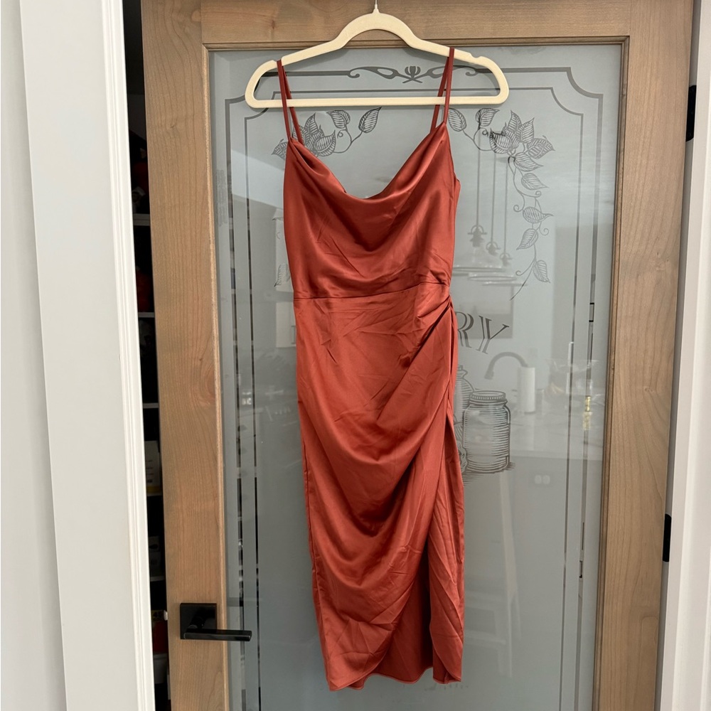 Burnt orange midi cowell neck dress